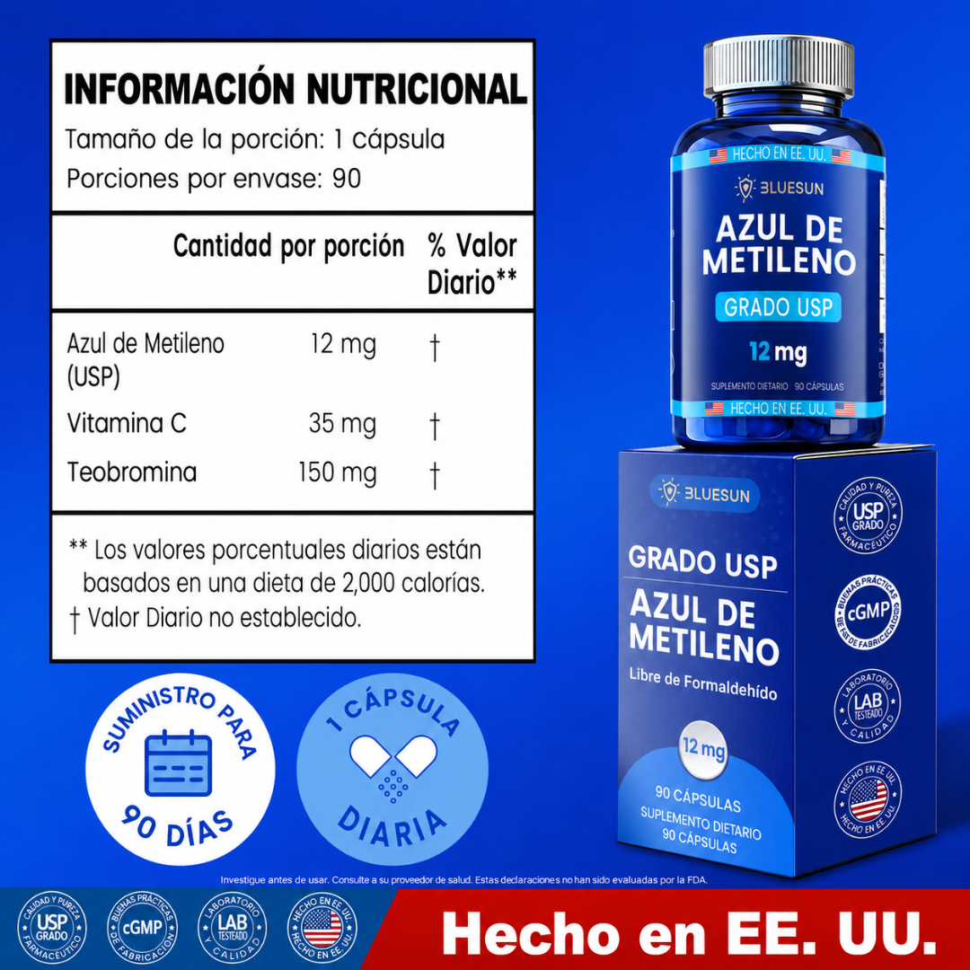 Azul de metileno en cápsulas- Bluesun® (90 Capsulas)-  La Ayuda que Tus Nervios Necesitan para Combatir la Neuropatía